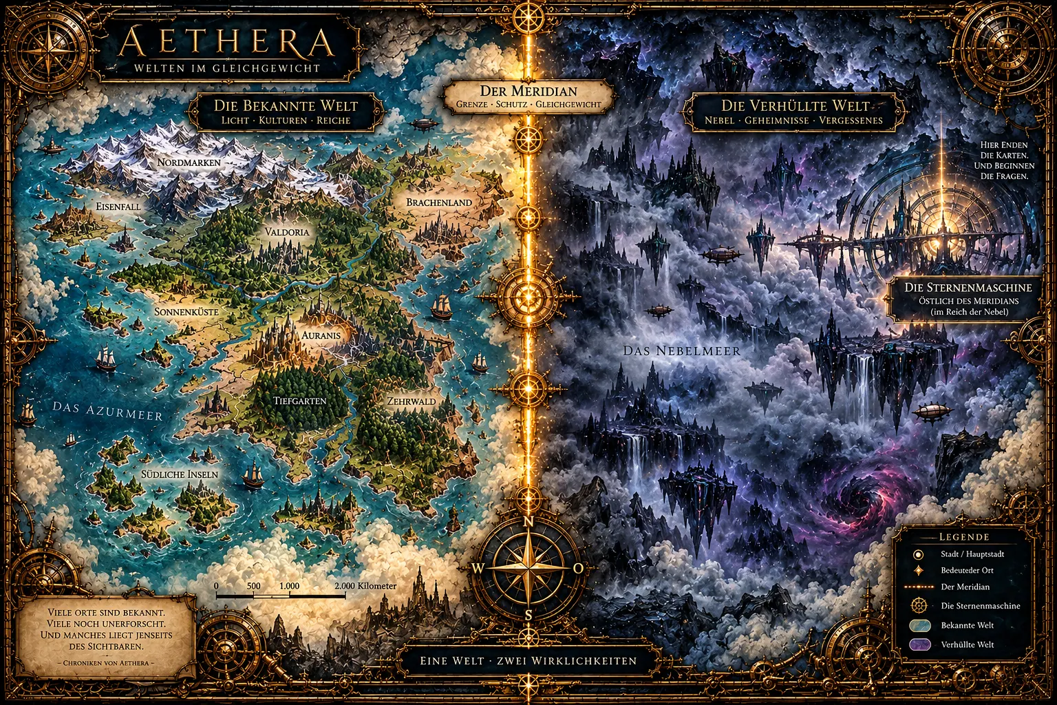 Vorläufige künstlerische Karte von Aethera; keine verbindliche Geografie